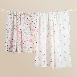 KAKU NANU Baby Swaddling Cloth Baby Blanket Muslin Burp Cloths Set of 2 100% Cotton 110 x 120 cm Thin Breathable Muslin Nappies Baby Wrap for Newborn Boys and Girls Flower Pink