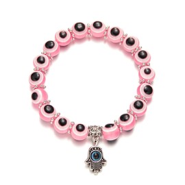 Lucky Evil Eye Bracelets Set Colorful Turkish Amulet Hamsa Evil Eye Beaded Charm Stretch Elastic Bracelet for Women Men-Pink