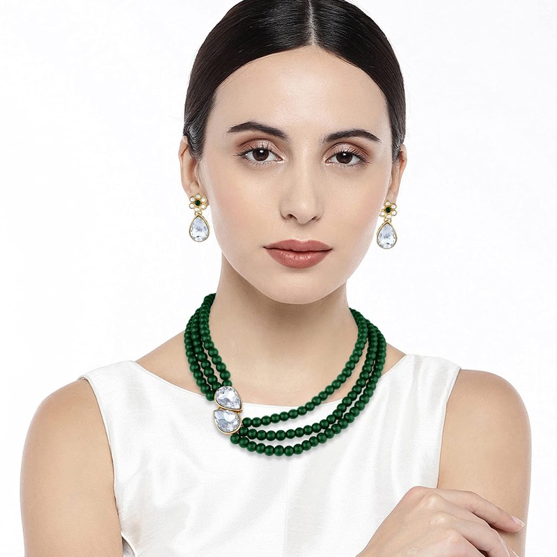 Aheli Pearl Mala Collar verde con pendientes para mujeres Niñas