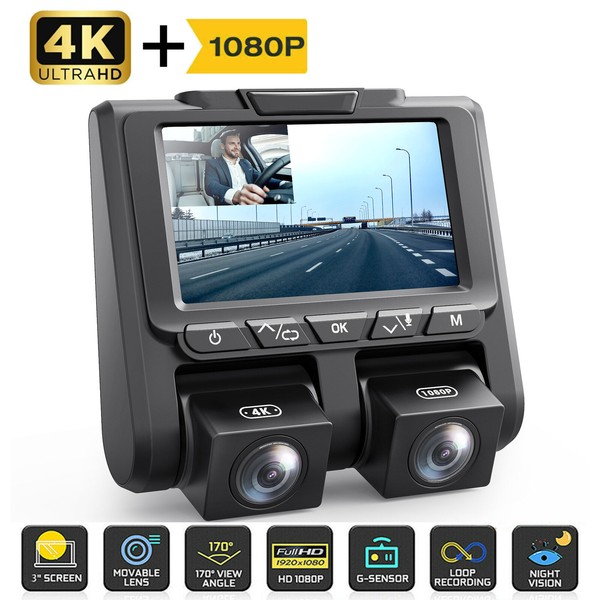 TOGUARD Dual Lens Dash Cam 4K+1080P Front and Inside Camera