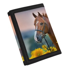 COEQINE Boys American Flag Wallet Trifold Large Capacity 9-18 Years Purse with Coin Pouches Horse Sunflower, Horse Sunflower