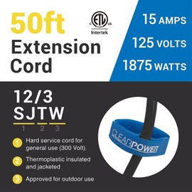 Clear Power 50 ft Heavy Duty Outdoor Extension Cord 12/3 SJTW, Black, Water & Weather Resistant Flame Retardant, 3 Prong Grounded Plug, DCOC-1145-DC