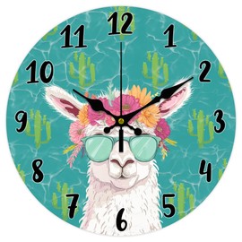 CHGCRAFT 12inch Alpaca Wall Clock Cute Cartoon Animal Round Wooden Wall Clock Silent Non Ticking Clock Farmhouse Wall Clock for Office Home Bedroom Living Room Bathroom Kitchen Decor
