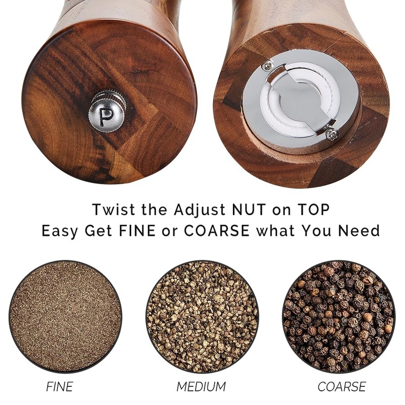 Wooden Salt and Pepper Grinder Set with Tray, 8 Inch