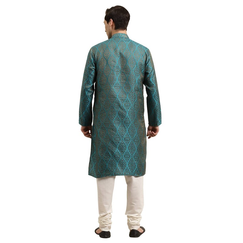 Sojanya (Since 1958, Jacquard Silk Kurta para hombre, Azul verde