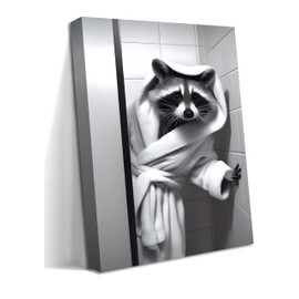 Funny Bathroom Wall Art, Black and White Raccoon Canvas Wall Decor, Adorable Humor Bathroom Animal Decor Picture Paintings Prints, Cute Bathroom Toilet Signs 12x16 inch Framed