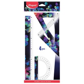Maped - Deepsea Paradise 4-Piece Scribing Set - Ruler 30 cm + Set Square 60°/21 cm + Set Square 45°/21 cm + 180° Protractor 12 cm Base - Ergonomic and Lightweight Instruments