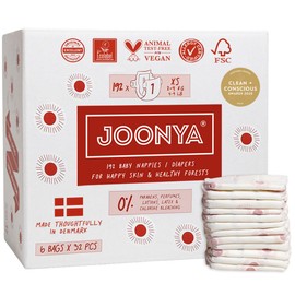 Joonya Baby Diapers, Size 1 XS (4-9 lb) - 6 Bags of 32 (192) - New Range - NonToxic, Eco-Friendly, Ultra Slim, Overnight Use - Made in Denmark
