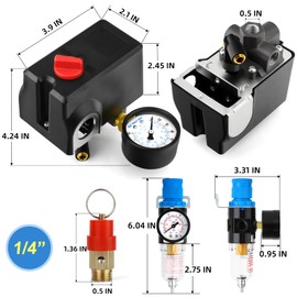 MEANLIN MEASURE Air Compressor Pressure Switch Control Valve 120-155 PSI 110V-240V 4-way Lateral Port Replacement Parts With AFR2000 Air Line Filter and Safety Pressure Relief Valve