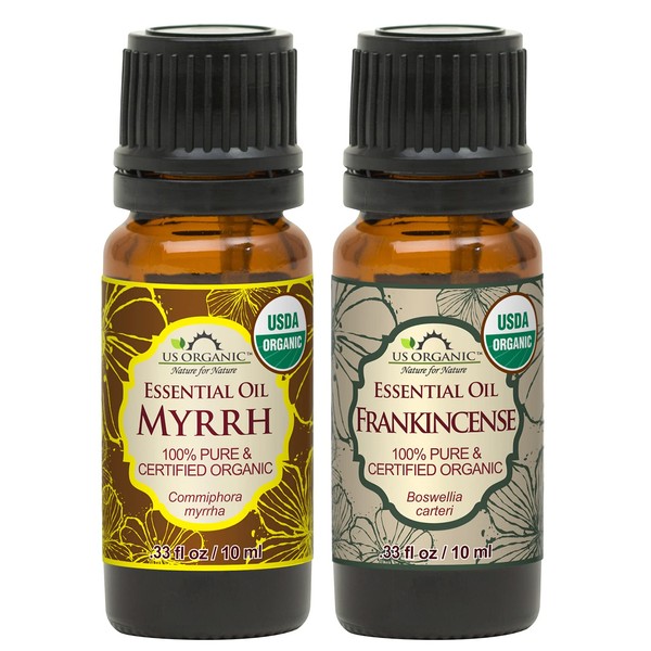 US Organic 100% Pure Myrrh, Frankincense Essential Oil Combo Pack - Directly sourced from The Horn of Africa - USDA Certified Organic - Use Topically or in Diffuser (10 ml Combo)