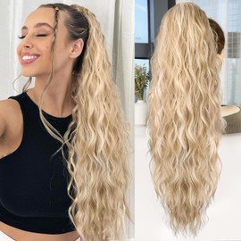 ALXNAN Claw Clip Ponytail,26 Inch Light Blonde with White Blonde Highlights Ponytail Extension for Women Synthetic Long Curly Wavy Clip in Ponytail Hair Extensions Hairpiece for Daily Party Use