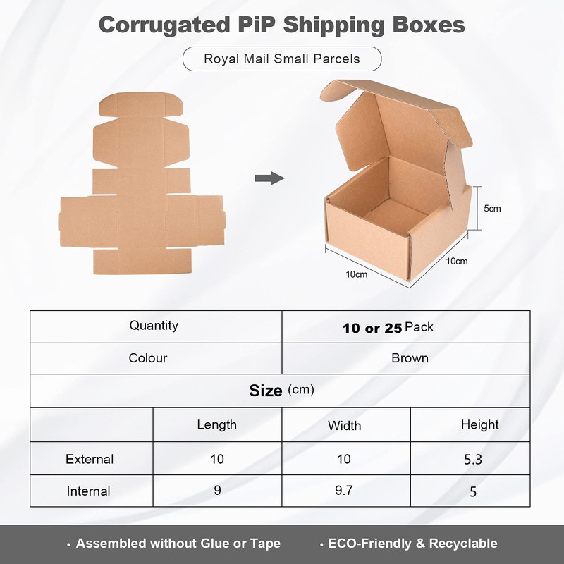 Corrugated Cardboard Shipping Boxes, 100x100x53mm Royal Mail Small Parcel PiP