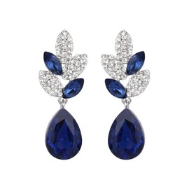 Ever Faith Silver-Tone Rhinestone Crystal Leaf Teardrop Dangle Earrings Blue Sapphire-color