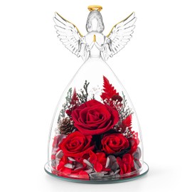 Birthday Gifts for Wife and Girlfriend, Red Preserved Roses in Glass Angel Figurine, Romantic Birthday Gift for Her, Love Keepsake