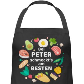 Geschenk mit Namen personalisiert by Shirtracer - Apron - Cooking Apron - "Bei Name schmeckts am besten - FleischFisch Geschenkidee Hobbykochche Koch" (German Language), 1 black
