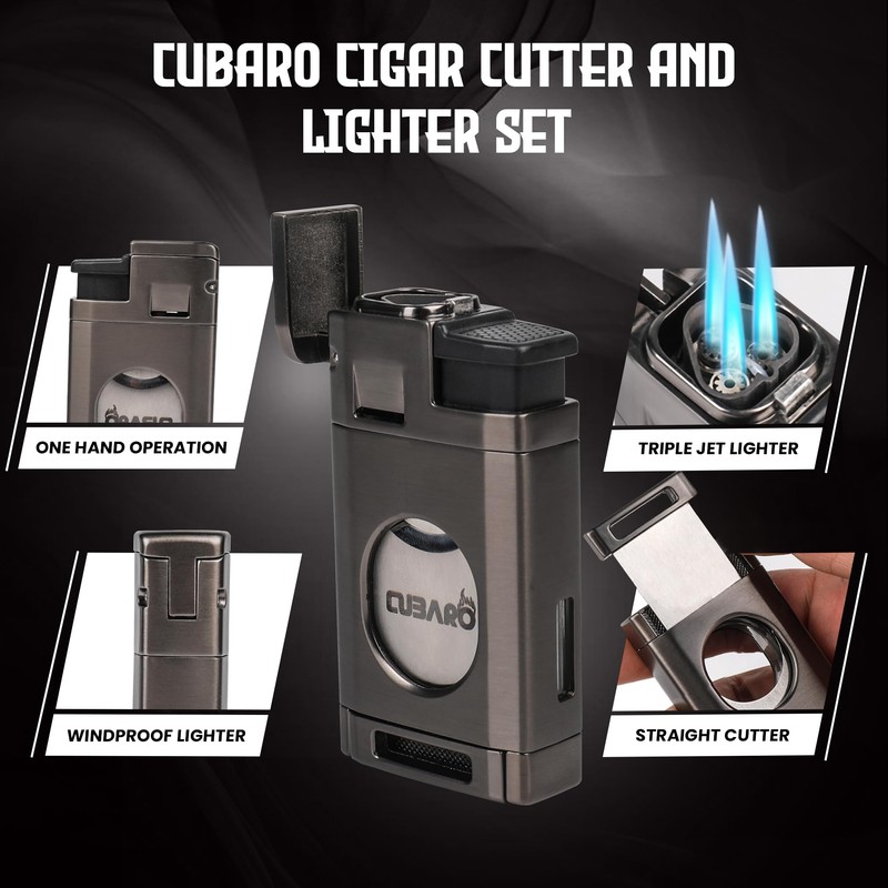 CUBARO Cigar Lighter with Guillotine Cutter – Triple Jet Torch