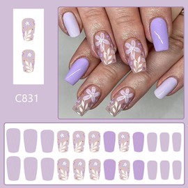 Purple Press on Nails Medium Coffin Fake Nails with Lilac Flower Design Floral Glue on Nails Glossy Glitter Spring Nails Reusable Summer False Nails for Women Girls Daily Wear Manicure 24pcs