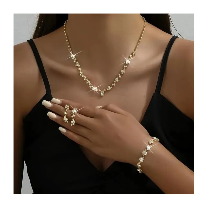 Joyería Juego De Collar Pulsera Pendientes Para Novia Mujer Dorado