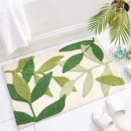 QIUKUN Bathroom Rug Mat Leaves Plush Microfiber Strong Water Absorbent Green Bath Rug with Non Slip Back Small Bath Mat Cute Indoor Shower Mat Doormat for Bathroom