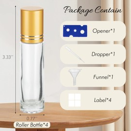 GIVITASOT 10ML Essential Oil Roller Bottles, 4 Pack Clear Gold Oil Roller Bottles for Essential Oils, Roll on Bottle with Stainless Steel Balls(4 Labels, Opener, Funnel, Dropper Included)