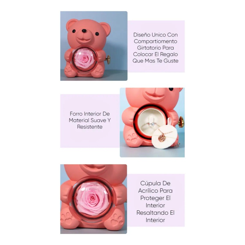 Oso Flor Rosa Eterna Joyero Regalo San Valentin Mama Collar
