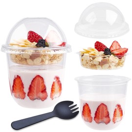 TOFLEN 12 oz Clear Plastic Yogurt Parfait Cups with Lids Disposable To Go Cereal Cups for Breakfast Snack Fruit, Veggies and Dips (50 Cups+Inserts+Sporks+Dome Lids)
