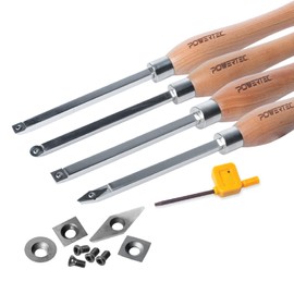 POWERTEC 4 Pcs Carbide Lathe Tools with 8 Pcs Tungsten Carbide Cutter Insert Set | Wood Lathe Tools with Flat Edge & Radius Squares, Round and Diamond, Lathe Tools with Replaceable Blade (71996)