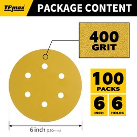 100PCS 6 Inch 400 Grit 150mm 6 Hole Sanding Discs Sandpaper - Premium Gold Round Hook and Loop for Random Orbital Sander - Ideal for Wood, Metal, Automotive