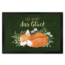 speecheese Hier wohnt das Glück Doormat XL in 40 x 60 cm with Fox in Watercolour Style A Colourful Autumn Door Mat for Entrance Area Motif Sleeping Watercolour Doormat Natural Door Mat