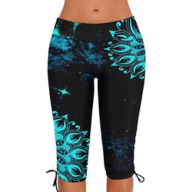 Urchics Womens Plus Size Rash Guard Capris Long Swim Shorts Tankini Bottom Sporty Blue Black Flower XL
