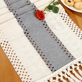 Blinsobeau Boho Table Runner with Tassels 48 Inches Long Fringes Grey Soft Cotton Farmhouse Rustic Modern Spring Dining Coffee Small Table Runner for Festival Party Home Christmas Decoration
