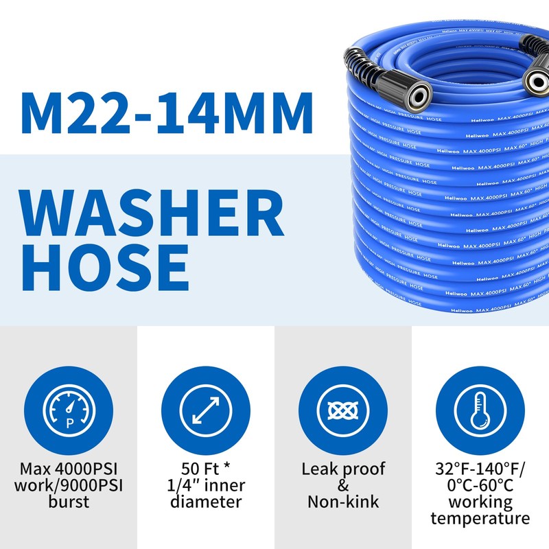 Heliwoo Pressure Washer Hose 50 FT x 1/4", Upgrade Kink