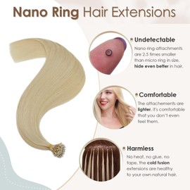 Elailite Nano Ring Hair Extensions Blonde Real Human Hair 50 Strands 50g Cold Fusion With Nano Beads Remy Hair Straight (#60 Platinum Blonde, 14 Inch)
