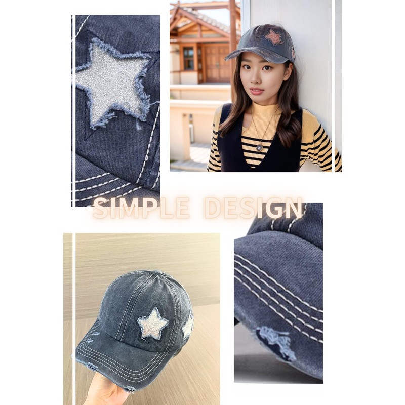 kanaelun Cap, Hat, One Size, Women's Star Pattern, Star Ponytail,
