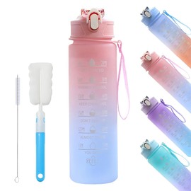 YekouMax Water Bottle 25 oz, Sports Water Bottle with Straw, Leak Proof Drinks Bottle with Time Markings, Tritan BPA Free Bottle for Gym, Canteens, Men and Women, Girl and Boy (Gradient Pink, 25 oz)