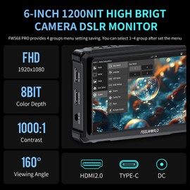 FEELWORLD 6 Inch DSLR Camera Field Monitor,1200nit High Bright 4K HDMI On Camera Monitor, 3D Lut 1920X1080 HD Focus Peaking Assist Full Waveform Video Field Monitor FW568PRO