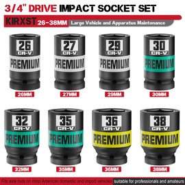 KIRXST 8 Piece 3/4" Drive Impact Socket Set, Metric Axle Nut Sockets, 26-38mm Thicker Jumbo Sockets, Socket Set, 6 Point, Cr-V, Vehicle and Apparatus Maintenance