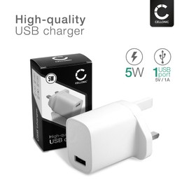 CELLONIC® 1 Port USB Charger UK-Plug 5V 1A 5W Charging Mains Wall USB Adapter Outlet Socket 100V-240V for Phone, Tablet, Speakers