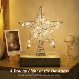 Lewondr Christmas Star Tree Topper, USB Powered Remote Controlled 11 Inch Christmas Tree Topper Beaded Star Light, 6H Timer Christmas Tree Star Topper for Xmas Tree Home Holiday Party Decor, Silver