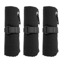 PATIKIL 20"x16" Microfiber Golf Towel, 3 Pack Tri-Fold Golf Towels Waffle Pattern Towels Absorption with D Clip, Hook and Loop Fastener, Black