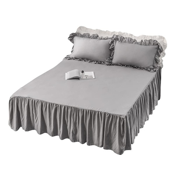 Syarerla Bed Skirt, Single, Solid Color Bed Sheet, Ruffle, Cute, Bed Cover, Princess-like Style, Stylish, Atmosphere, All Year Round Bedding (Gray, Single)
