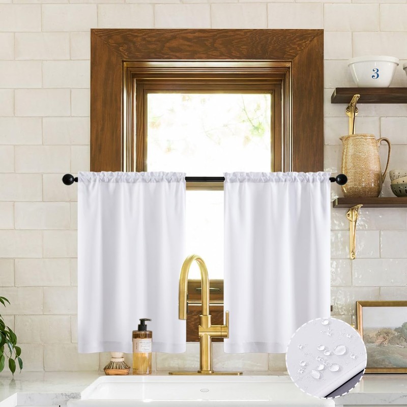 XTMYI Cafe Curtains 36 Inch Length,White 80% Blackout Waterproof Black