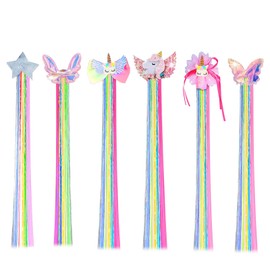 Hair Clips for Girls, 6 pieces Hair Extensions Clip in Kids Hair Clips 35cm Rainbow Hair Extensions for Kids, Colored Little Girl Hair Clips Accessories, Unicorn Hair Clips for Girl Ponytail