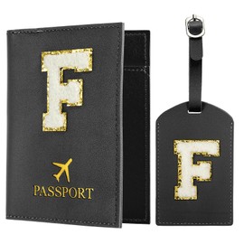 PATIKIL Passport Holder for Travel, Initial Passport Cover and Luggage Tag Set with Alphabet Chenille Letter Patch Travel Wallet Bag Suitcase Identifier for Women Family Travel Black F