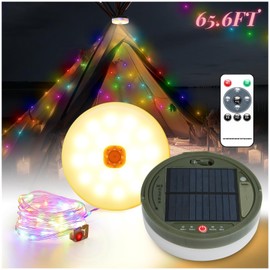 Solar Power Camping Lights String,Outdoor String Lights with 8 Modes Adjustable,IP44 Portable Camping Lantern Emergency Light for Hiking,Tent,Yard (20 Meters Solar Power Coloured Lights)