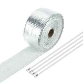 sourcing map Fiberglass Exhaust Wrap Tape, 2" x 16' Silvery Header Heat Wrap with 4 Stainless Ties for Hot Rods and Motorcycle