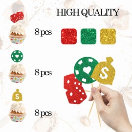 INNORU Gambling Chips Dollar Cupcake Toppers, Money Casino Night, Las Vegas Casino Theme, Birthday, Dollar Bill Poker Game Party Decorations Supplies, Pack of 24 Glitter