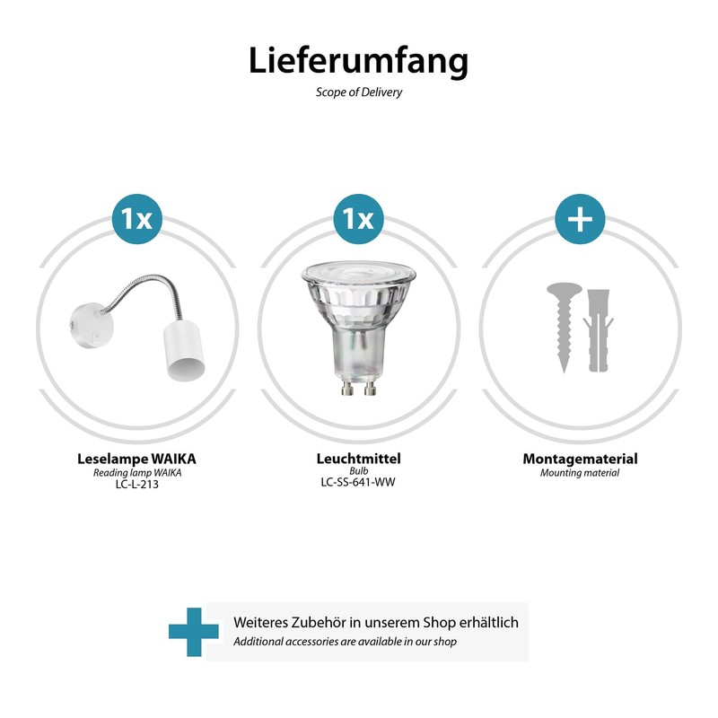 ledscom.de Waika Reading Lamp with Gooseneck and Switch Matte White