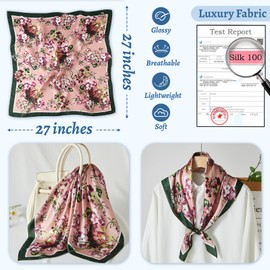 WUZININGLE Mulberry Silk Scarf - 27''x27'', Medium Square Silk Head & Neck Scarf for Women - Pink Floral