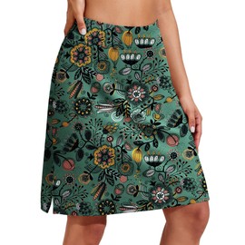 PINSPARK Women's Tennis Skirt, High Waist Golf Skirt with Inner Shorts, Knee-Length Trouser Skirt, Sports Skirt with Pockets, Hiking, Running, Cycling, Green Gypsophila, M